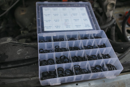 Two rubber reinforced oil seals for shafts and for car motor engines, engine oil seal.の写真素材