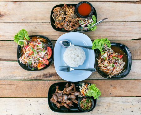 Thai food,Thai spicy salad with pork and rice.の写真素材