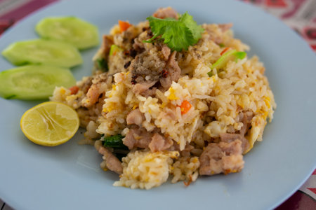 Fried rice with pork and vegetable,Thai style food.の写真素材