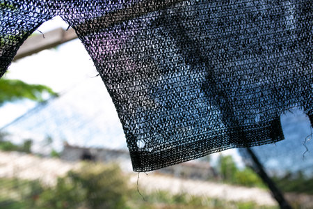 Black shading net pattern texture. Used in gardening, nurseries, agriculture. Texture, weave pattern details close up.の写真素材