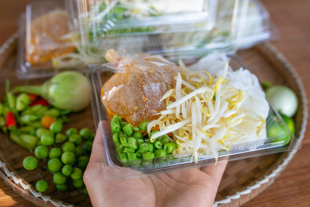 Rice vermicelli with bean sprouts in plastic boxの写真素材