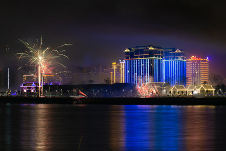 Fireworks in the night at the New Year's Eve in Macauの写真素材