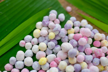 Thai dessert Raw Bua Loy balls in many colours. Thai dessert made of glutinous rice, glutinous rice, glutinous rice ballの写真素材