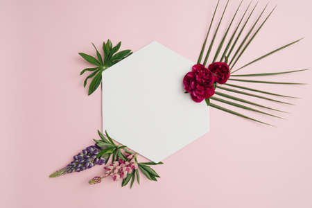 Deep red peony and green leaves with flowers on a pastel pink background with white copy space  minimal flatlayの写真素材
