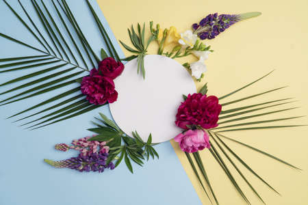 Peony, freesia, delphinium fresh colorful flowers on pale blue and yellow background with white copy spaceの写真素材