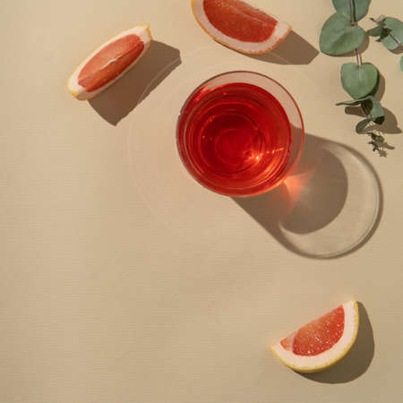 Refreshing juice or aperitif in a glass with slices of grapefruit and green eucalyptus leavesの写真素材