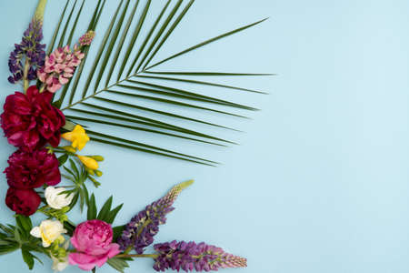 Fresh spring flowers arrangement on blue background with copy spaceの写真素材
