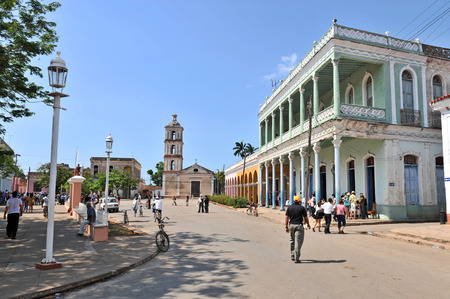 REMEIDOS, CUBA, MAY 7, 2009  A view of the town centre of Remeidos, Cuba, on May 7th, 2009  People walking on the street のeditorial素材