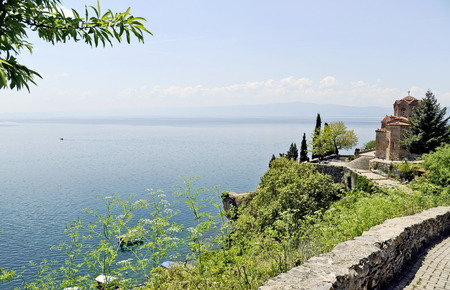 OHRID, MACEDONIA, MAY 20, 2011  The church of Sveti Jovan Bogoslov Kaneo overlooking lake Ohrid, in Ohrid, Macedonia, on May 20th, 2011 のeditorial素材