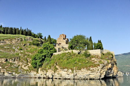 OHRID, MACEDONIA, MAY 20, 2011  The church of Sveti Jovan Bogoslov Kaneo overlooking lake Ohrid, in Ohrid, Macedonia, on May 20th, 2011 のeditorial素材