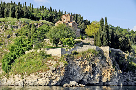 OHRID, MACEDONIA, MAY 20, 2011  The church of Sveti Jovan Bogoslov Kaneo overlooking lake Ohrid, in Ohrid, Macedonia, on May 20th, 2011 のeditorial素材