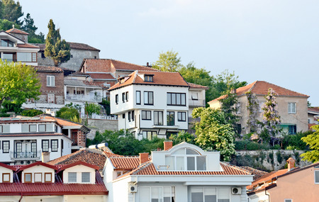 Town of Ohrid over the lake Ohrid, in Ohrid, Macedoniaの写真素材