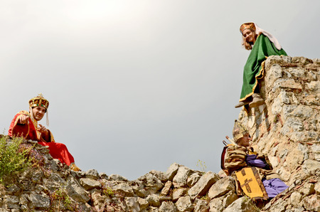 OHRID, MACEDONIA, MAY 18, 2011  People dressed in medieval clothes on the wall of the fortress of Tsar Samuil, in Ohrid, Macedonia, on May 18th, 2011 のeditorial素材