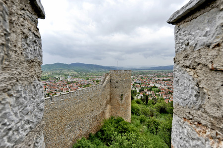 OHRID, MACEDONIA, MAY 18, 2011  A view of the town of Ohrid from above, with the wall of the fortress of Tsar Samuil in the front, in Ohrid, Macedonia, on May 18th, 2011 のeditorial素材