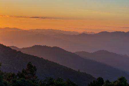 Sunset at Mae Sla Luang, Huai Nam Dang National Park, Chiang Mai, Thailandの写真素材