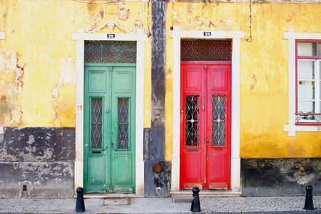Green and red Doors in faroの写真素材