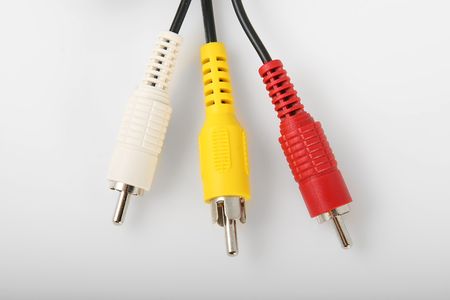 RCA Cables, white red and yellow with black cablesの写真素材