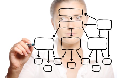 A ypung businesswoman drawing a chart over white backgroundの写真素材