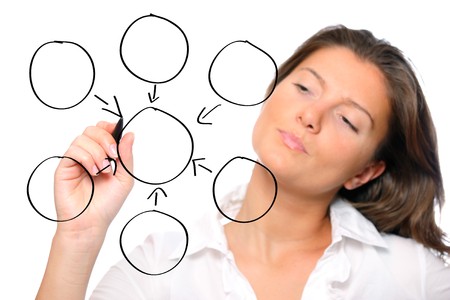 A portrait of a young businesswoman sketching a diagram over white backgroundの写真素材
