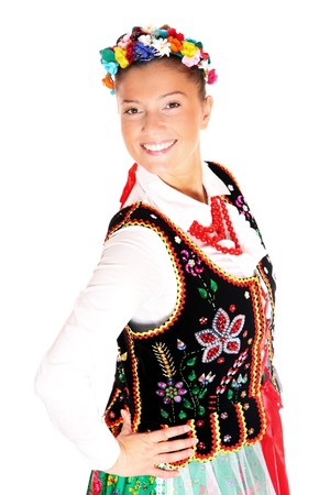 A portrait of a Polish traditional dancer over white backgroundの写真素材