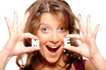 A portrait of glamour woman with colorful nails over white background holding letters meの写真素材