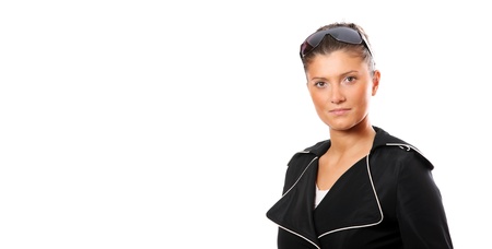 A picture of a confident woman in a coat over white backgroundの写真素材