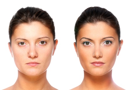 A set of two portraits of the same young woman, one before and the other after putting on make-upの写真素材