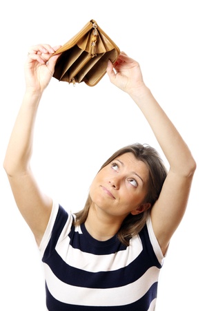 A picture of a cute girl standing against white background with an empty walletの写真素材