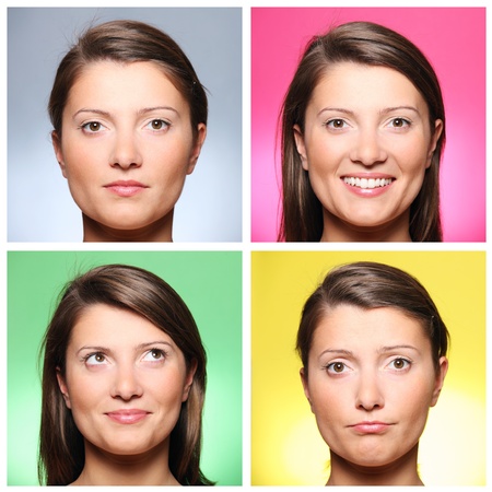 A set of four portraits of a pretty young woman expressing different emotions over colourful backgroundsの写真素材