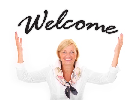 A picture of an attractive mature woman with her hands up in a welcoming gesture over white...