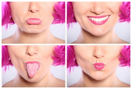 A set of four pictures of female face with different expressions over light backgroundの写真素材
