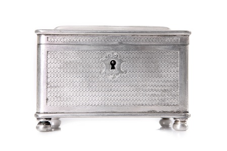 A picture of an antique silver sugar bowl standing over white backgroundの写真素材