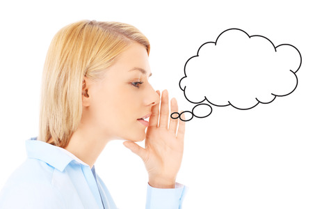 Women speaking with drawn cloud over white backgroundの写真素材