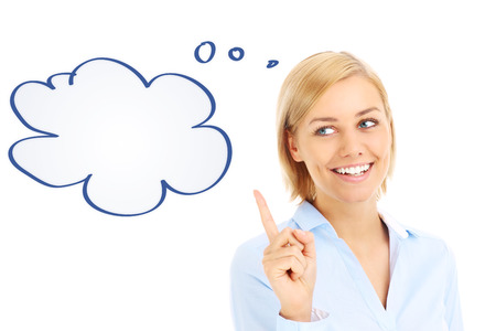 Woman pointing on cloud over white backgroundの写真素材