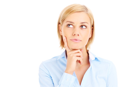 Woman having an idea over white backgroundの写真素材
