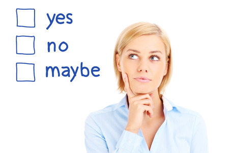 Businesswoamn is making decision over white backgroundの写真素材
