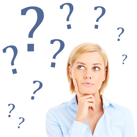 Woman is having question over white backgroundの写真素材