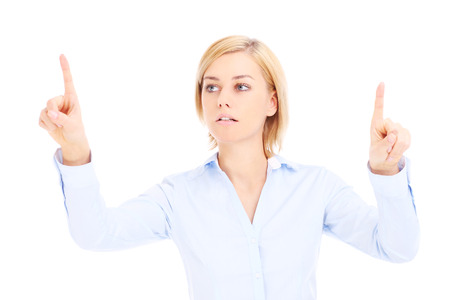 Woman touching future computer or pointing somethingの写真素材