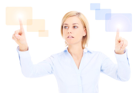 Woman touching future computer or pointing somethingの写真素材