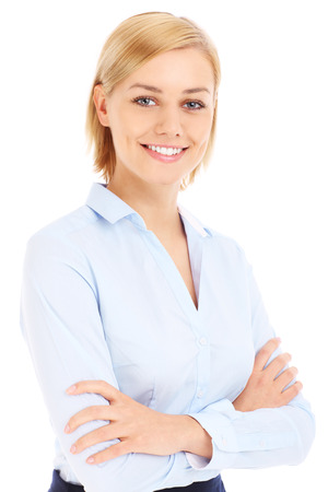 A picture of a happy businesswoman over white backgroundの写真素材
