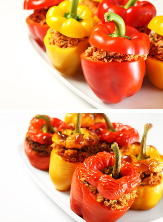 A comparison of baked and unbaked stuffed peppersの写真素材