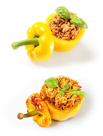 A comparison of baked and unbaked stuffed peppersの写真素材