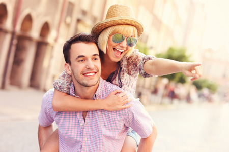 A picture of a happy couple sightseeing Gdansk in Polandの写真素材