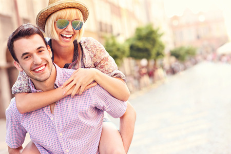 A picture of a happy couple sightseeing Gdansk in Poland