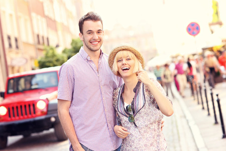 A picture of a happy couple sightseeing Gdansk in Polandの写真素材