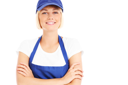 A picture of a pretty woman in a blue uniform over white backgroundの写真素材