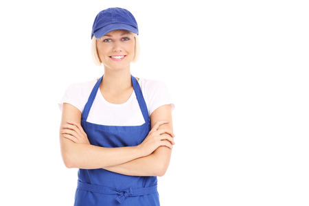 A picture of a pretty woman in a blue uniform over white backgroundの写真素材
