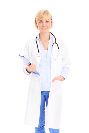 A picture of a young doctor smiling over white backgroundの写真素材