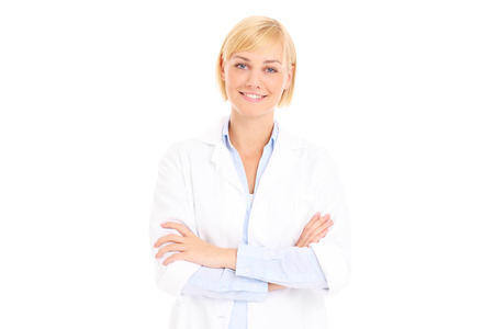 A picture of a young doctor smiling over white backgroundの写真素材