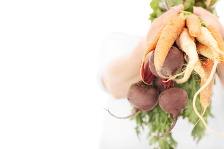 A picture of a hand holding raw carrots and beetroots over white backgroundの写真素材